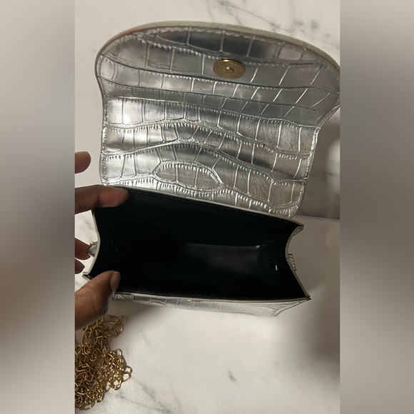 Silver Crocodile-Embossed Mini Handbag with Chain Strap - Picture 2 of 10